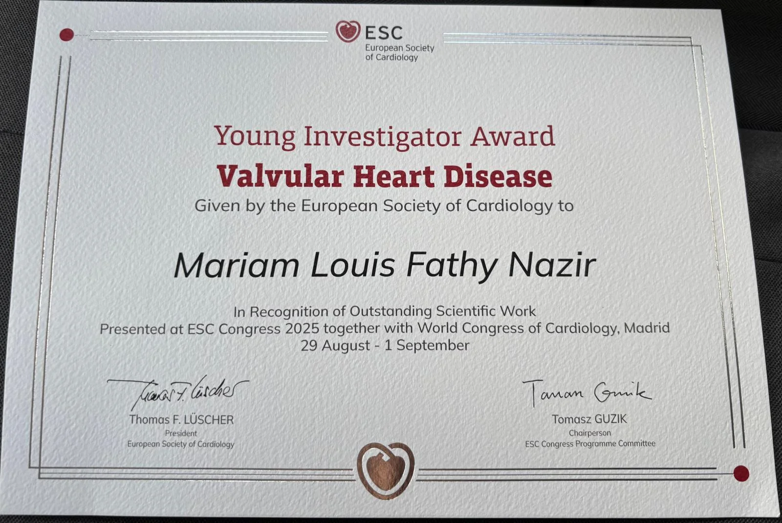 Recognition as Young Investigator - Certificate given by the European Society of Cardiology