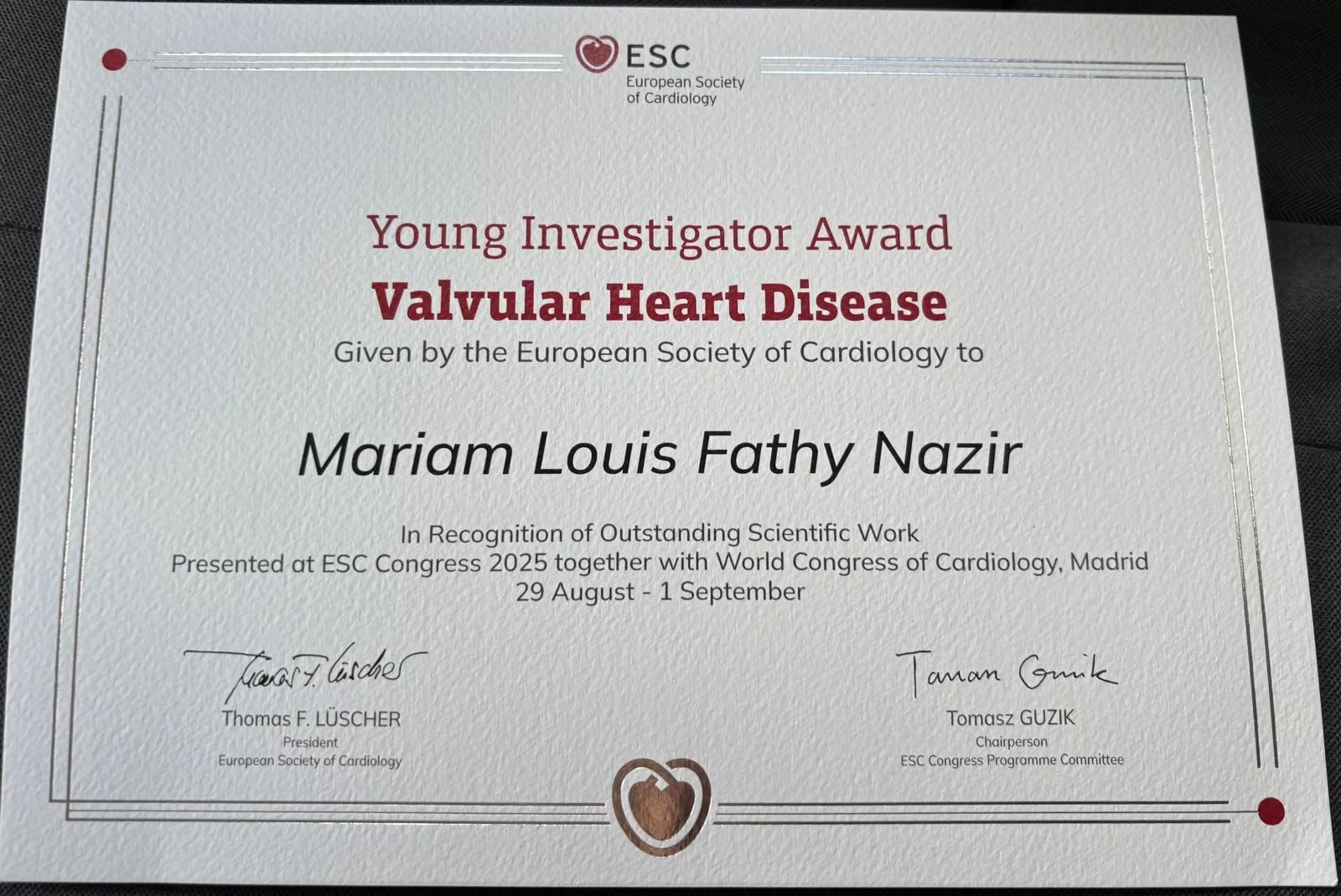 Recognition as Young Investigator - Certificate given by the European Society of Cardiology